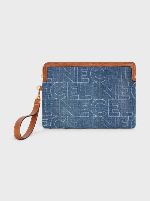 CELINE SMALL POUCH WITH STRAP in DENIM WITH CELINE ALL-OVER PRINT