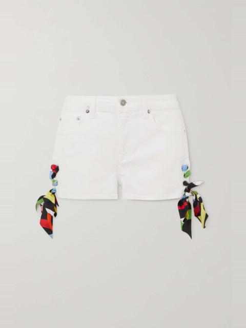 Tie-detailed silk-twill and stretch-denim shorts