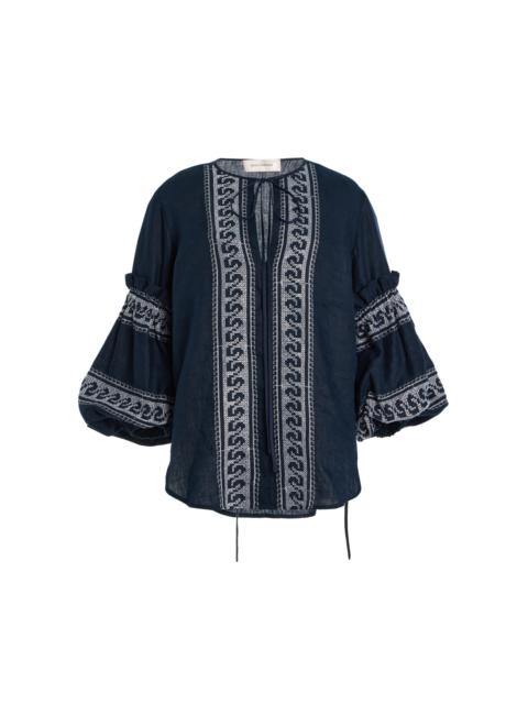 SILVIA TCHERASSI Lucaya Embroidered Linen-Blend Blouse navy