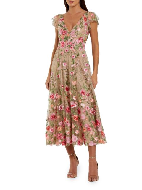 MAC DUGGAL Women's Floral Embroidered Mesh V-Neck Midi-Dress - Beige Multi
