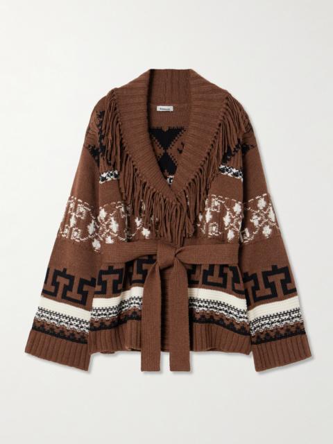 SIMKHAI Elwood Belted Fringed Intarsia Wool And Cashmere-blend Cardigan