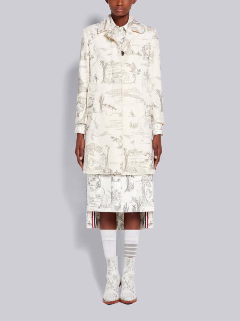 Thom Browne White Animal Camp Toile Printed Cashmere Unconstructed Narrow Shoulder Bal Collar Overcoat