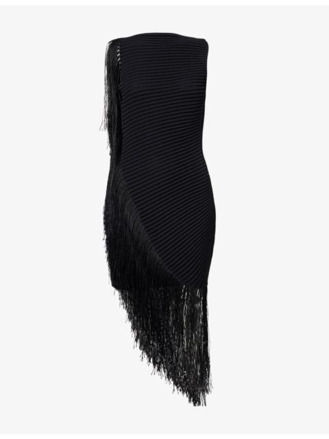 Alaïa Asymmetric Fringed Knitted Silk-Blend Midi Dress