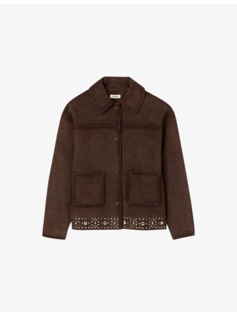Sandro Studded-Hem Side-Pocket Suede Jacket