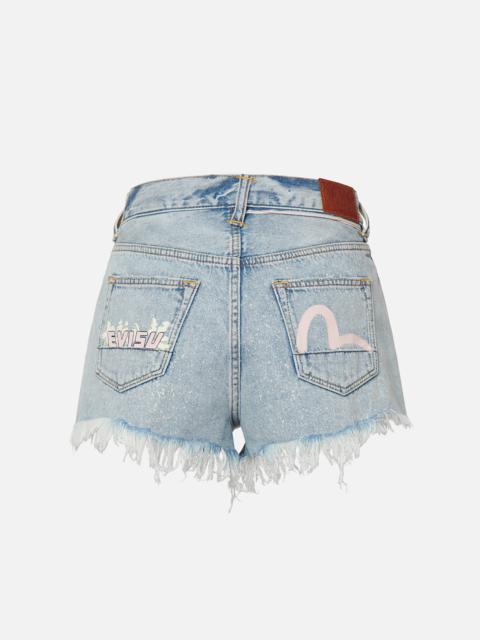 EVISU SEAGULL AND SLOGAN PRINT DENIM SHORTS