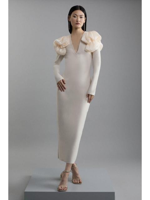 KAREN MILLEN Figure Form Bandage Knit Silk Ruffle Shoulder Detail Midaxi Dress