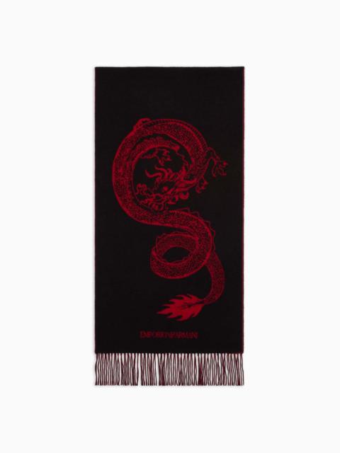 virgin-wool scarf with jacquard dragon