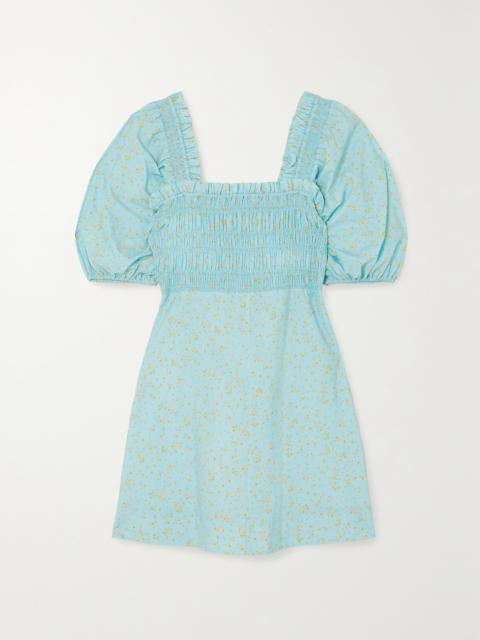 GANNI Shirred Floral-print Organic Cotton-poplin Mini Dress