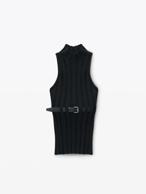 RIBBED MOCK NECK TANK TOP WITH LEATHER BELT