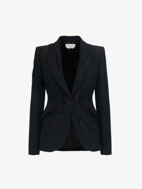 Women's Feather Embroidery Peak Shoulder Jacket in Black