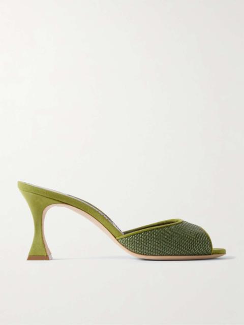 Manolo Blahnik Jadara 70 suede-trimmed raffia sandals Army green