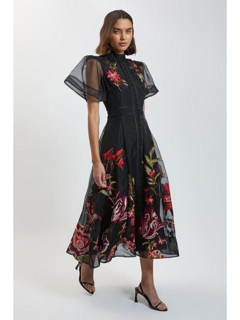 KAREN MILLEN Rose Embroidery Organza Angel Sleeve Midi Dress