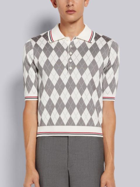 Thom Browne Light Grey Argyle Cotton Silk Stripe Tipping Polo
