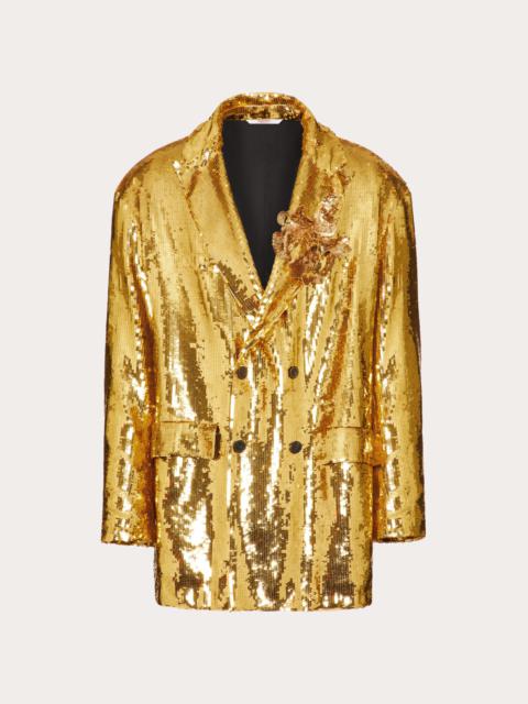Valentino DOUBLE-BREASTED ORGANZA JACKET WITH ALL-OVER SEQUINS AND FLORAL PATCH