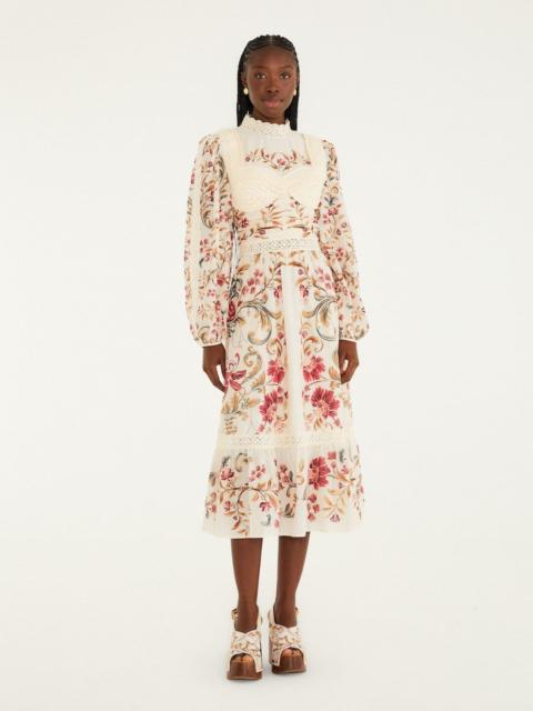 FARM RIO Cream Royal Garden Long Sleeve Crochet Midi Dress