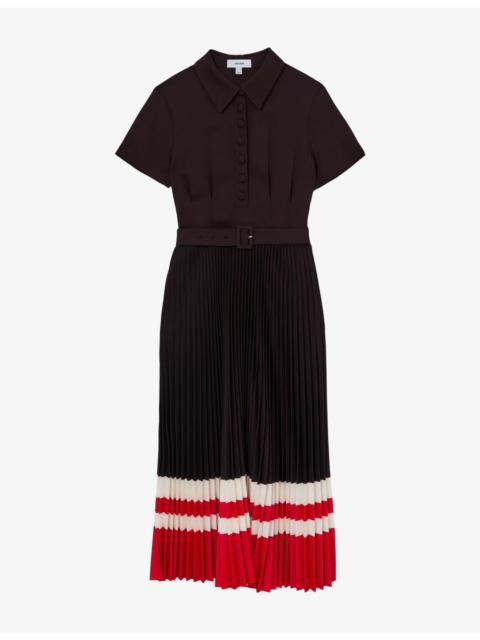 REISS Ayla Striped-Hem Pleated Woven Midi Dress