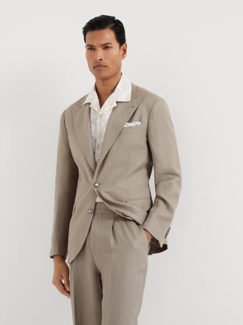 Linen micro chevron deconstructed blazer with large peak lapels and metal buttons