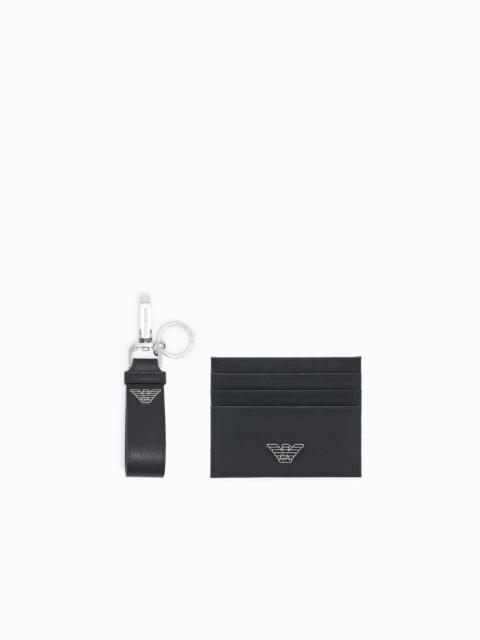 EMPORIO ARMANI 자수 판을 가진 재생된 Saffiano 가죽 지갑 및 카드 홀더를 가진 ASV 선물 상자