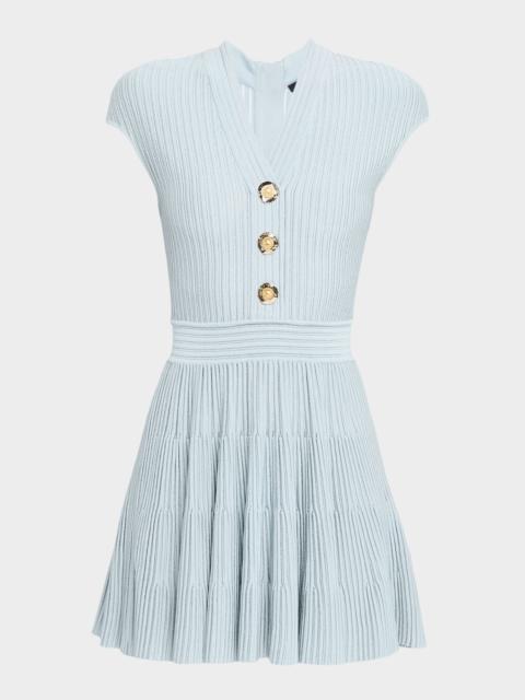 Balmain Short-Sleeve Flechage Knit Flare Mini Dress