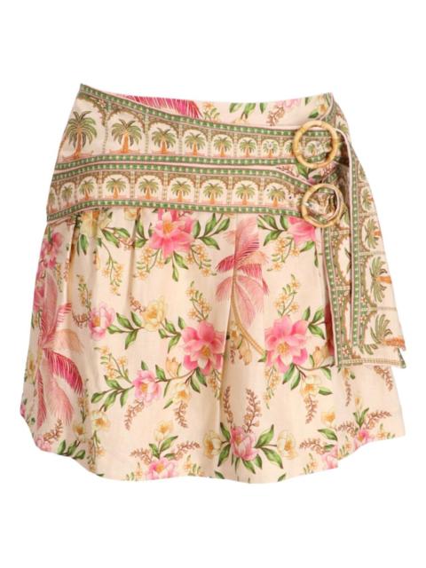 FARM RIO pleated floral-print belted mini skirt