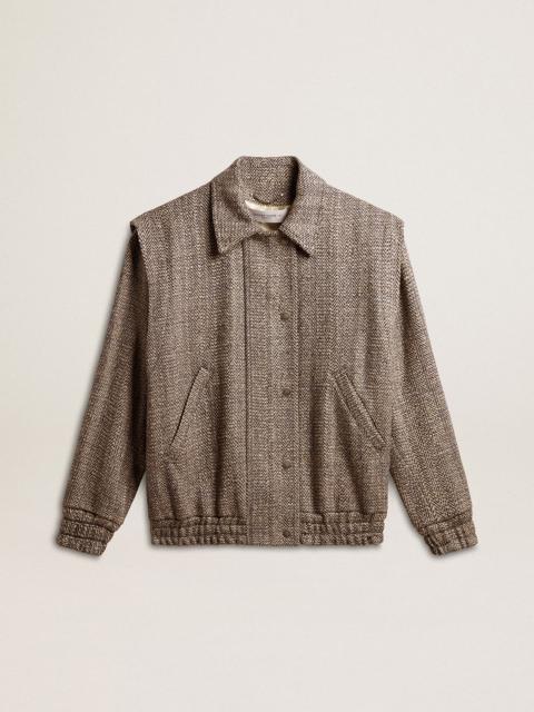 Golden Goose Women's bomber jacket in ecru brown herringbone wool