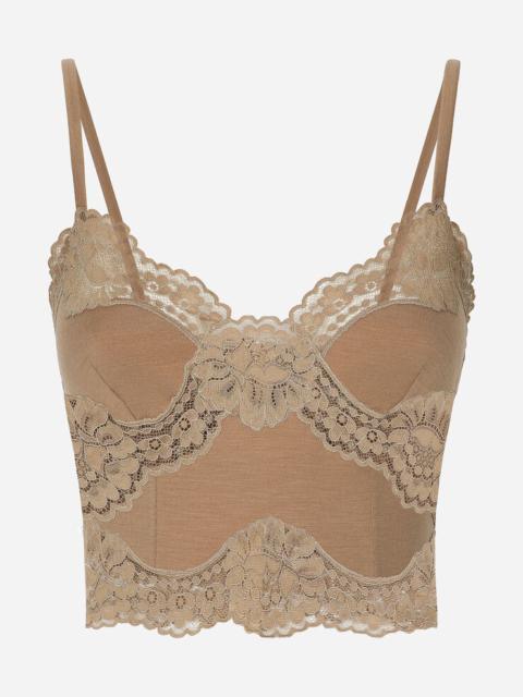 Wool jersey lingerie crop top with lace inlays