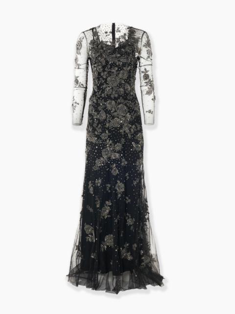 CAROLINA HERRERA Trumpet Gown with Pewter Floral Embroidery