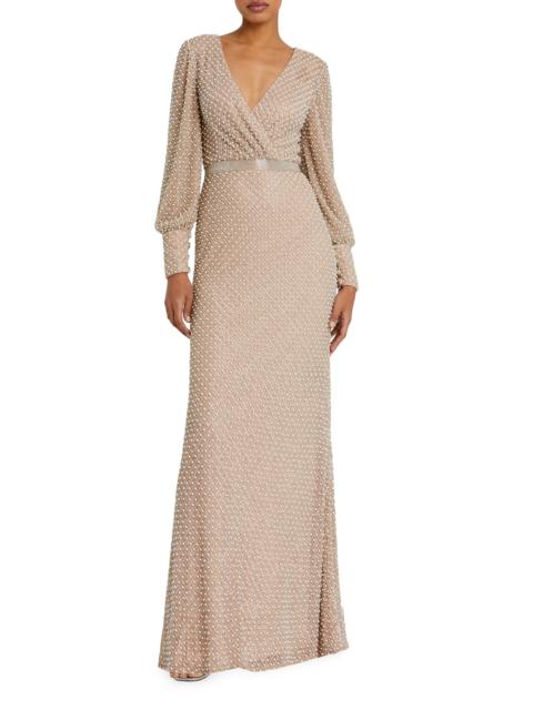 MAC DUGGAL Women's Pearl-Embellished Long-Sleeve Gown - Ivory Beige