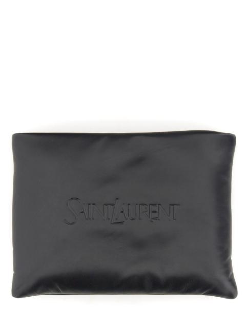 LARGE PADDED LEATHER CLUTCH BAG WITH LOGO