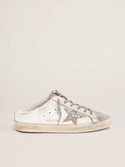 Golden Goose Super-Star Sabots in white leather and gray suede with silver glitter star