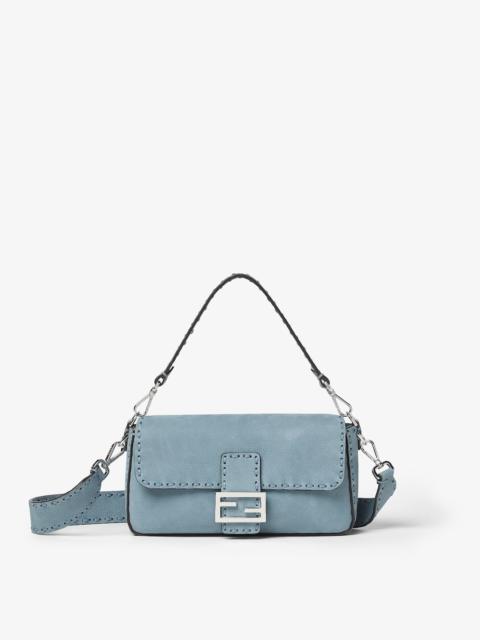 FENDI Baguette® Mercury blue nubuck leather Selleria bag with 612 hand-sewn topstitches