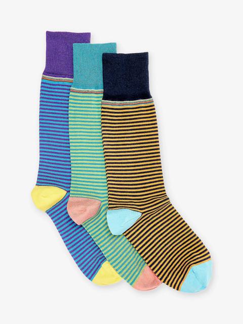 Stripe-pattern pack of three cotton-blend socks
