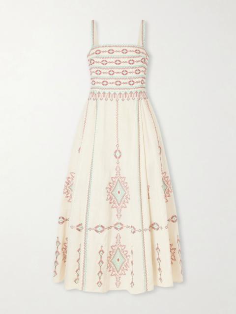 EMPORIO SIRENUSE Aneeda Astragal Mare embroidered linen cotton-blend midi dress Cream