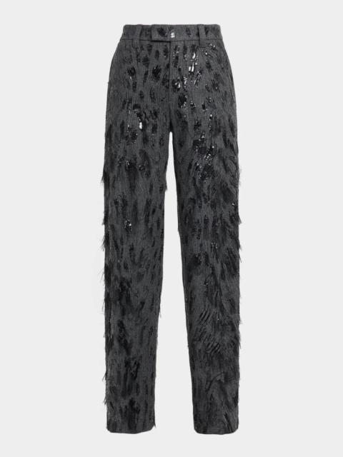 Brunello Cucinelli Animalier Sequined Fringe Wool-Cashmere Wide-Leg Trousers