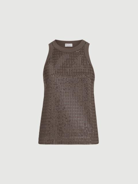 Brunello Cucinelli Stretch cotton jersey top with dazzling check embroidery