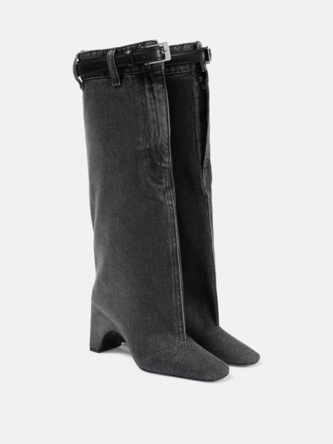 Leather-trimmed denim knee-high boots