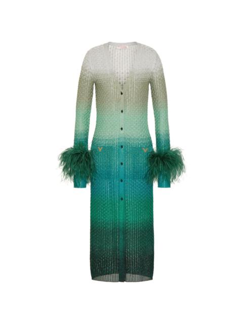 gradient-effect feather-trimmed midi dress