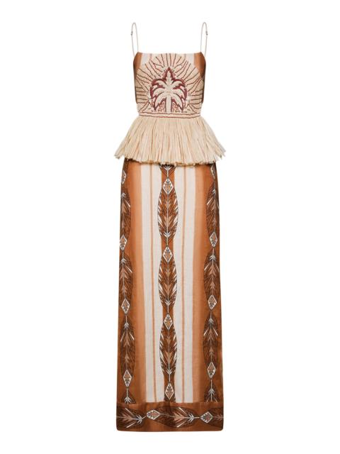 Johanna Ortiz Andean Mythology Rafia-Trimmed Linen Maxi Dress multi