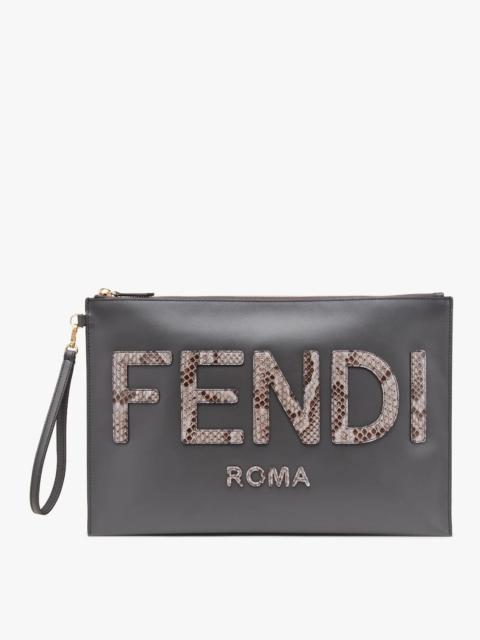 FENDI Large pouch with removable bracelet handle. Zipper closure. Made of dark gray leather with Fendi Rom