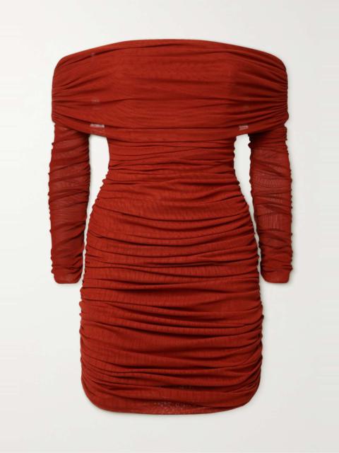 SAINT LAURENT Strapless ruched stretch-tulle mini dress