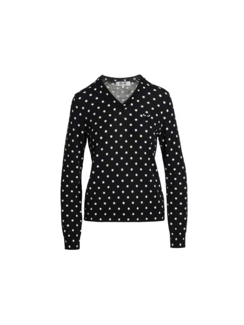 Comme des Garçons PLAY WOMENS V-NECK PULLOVER POLKA DOT BLACK HEART - NAVY