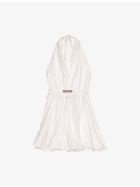 Ring-Embellished Halter-Neck Embroidered Cotton Mini Dress