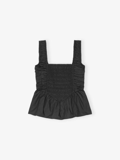 GANNI BLACK COTTON POPLIN SMOCK STRAP TOP