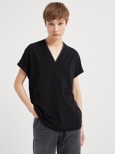 Stretch cotton jersey T-shirt with precious neckline