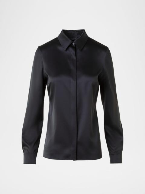 AKRIS Stretch Silk Satin Button-Down Blouse