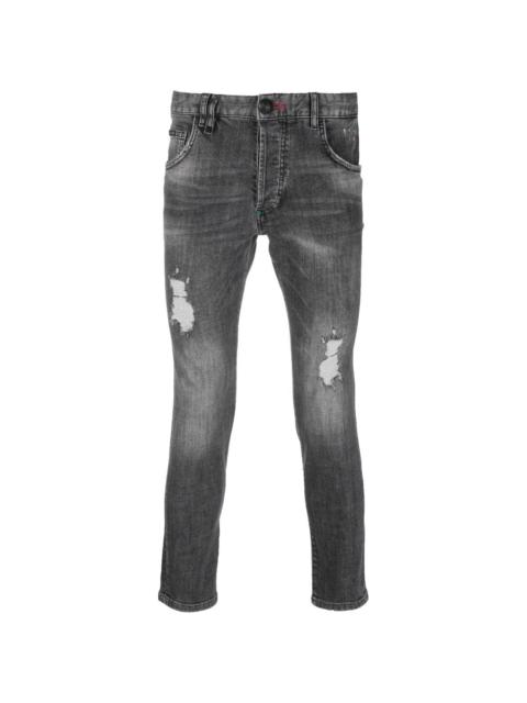 distressed straight-leg denim trousers