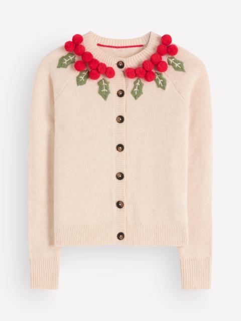 BODEN Mae Novelty Cardigan-Ivory, Holly wreath