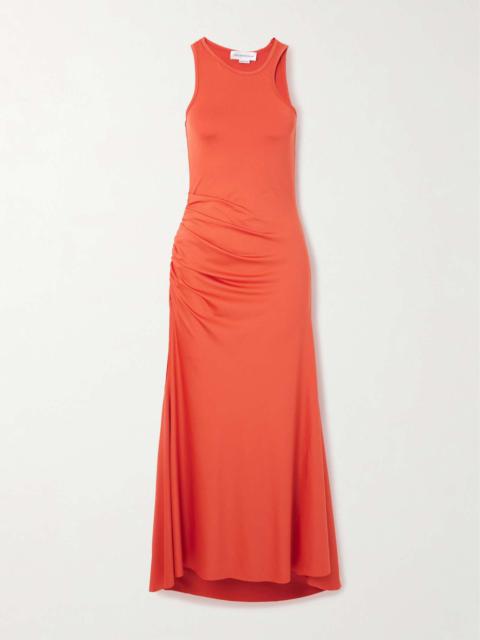 Victoria Beckham Asymmetric ruched satin-jersey midi dress Papaya
