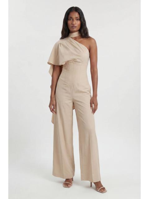 KAREN MILLEN Premium Tailored Linen High Neck One Shoulder Wide Leg Jumpsuit