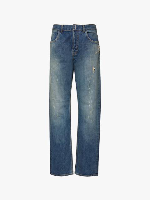 Faded-wash distressed straight-leg regular-fit stretch-denim jeans